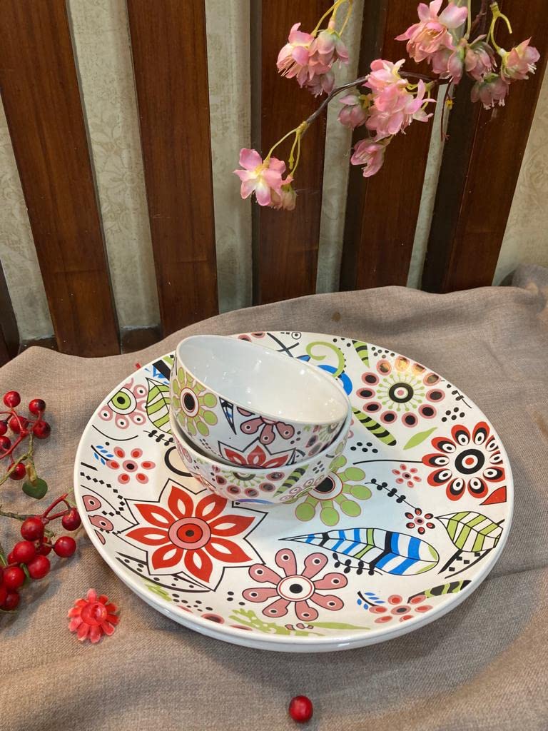 Caffeine Ceramic Handmade Multicolour Flower Design Combo Dinner Set 8 - Caffeine Premium Stoneware