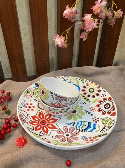 Caffeine Ceramic Handmade Multicolour Flower Design Combo Dinner Set 8 - Caffeine Premium Stoneware