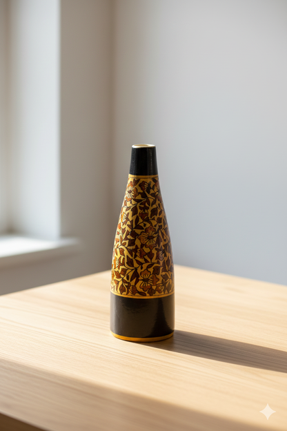 Decorative bottle with leopard print pattern on a wooden surface