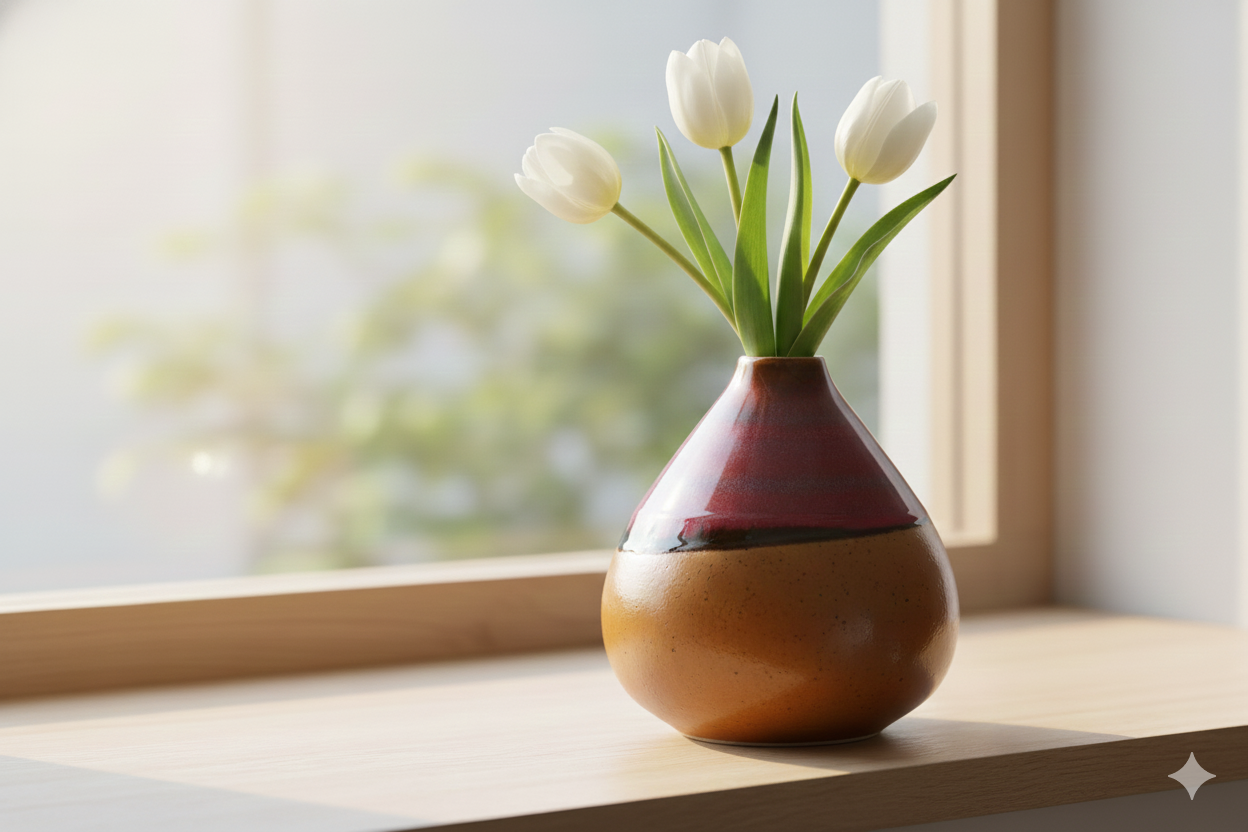 Vase with white tulips on a windowsill