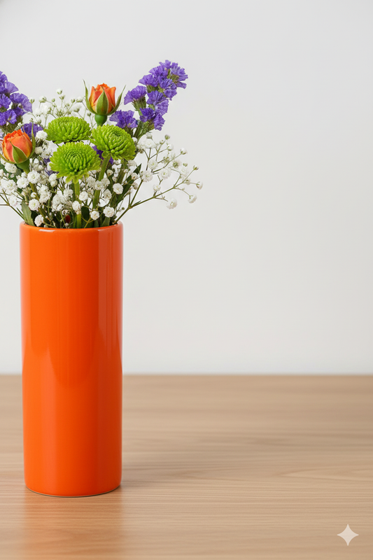 Orange vase with colorful flowers on a wooden surface