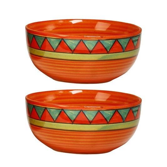 Caffeine Ceramic Handmade Orange and Green Triangles Design Soup Bowls with Spoon (Set of 2) - Caffeine Premium Stoneware