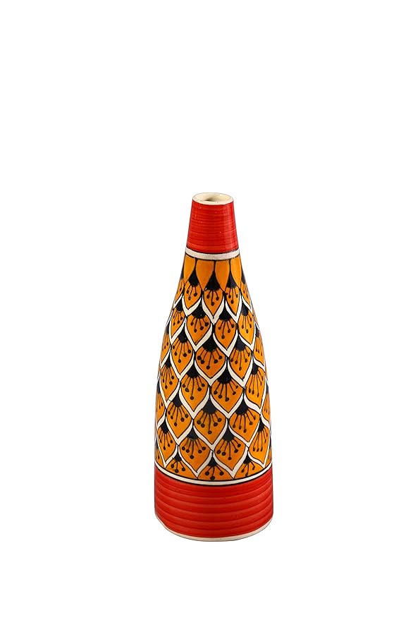 A handmade orange ceramic vase with geometric patterns and a glossy finish, featuring a tapered shape and a small protrusion at the top.