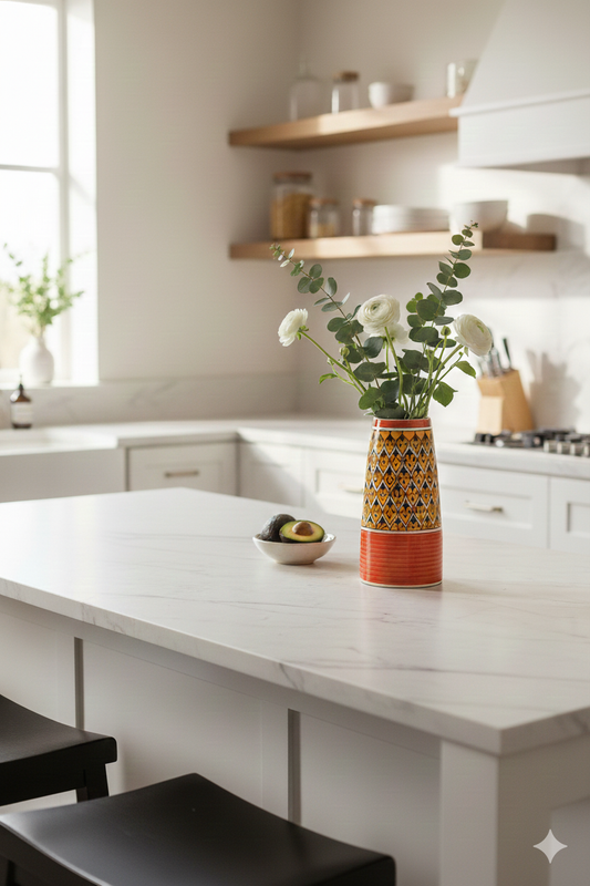Modern kitchen with a white island, decorative vase with flowers, and minimal decor.