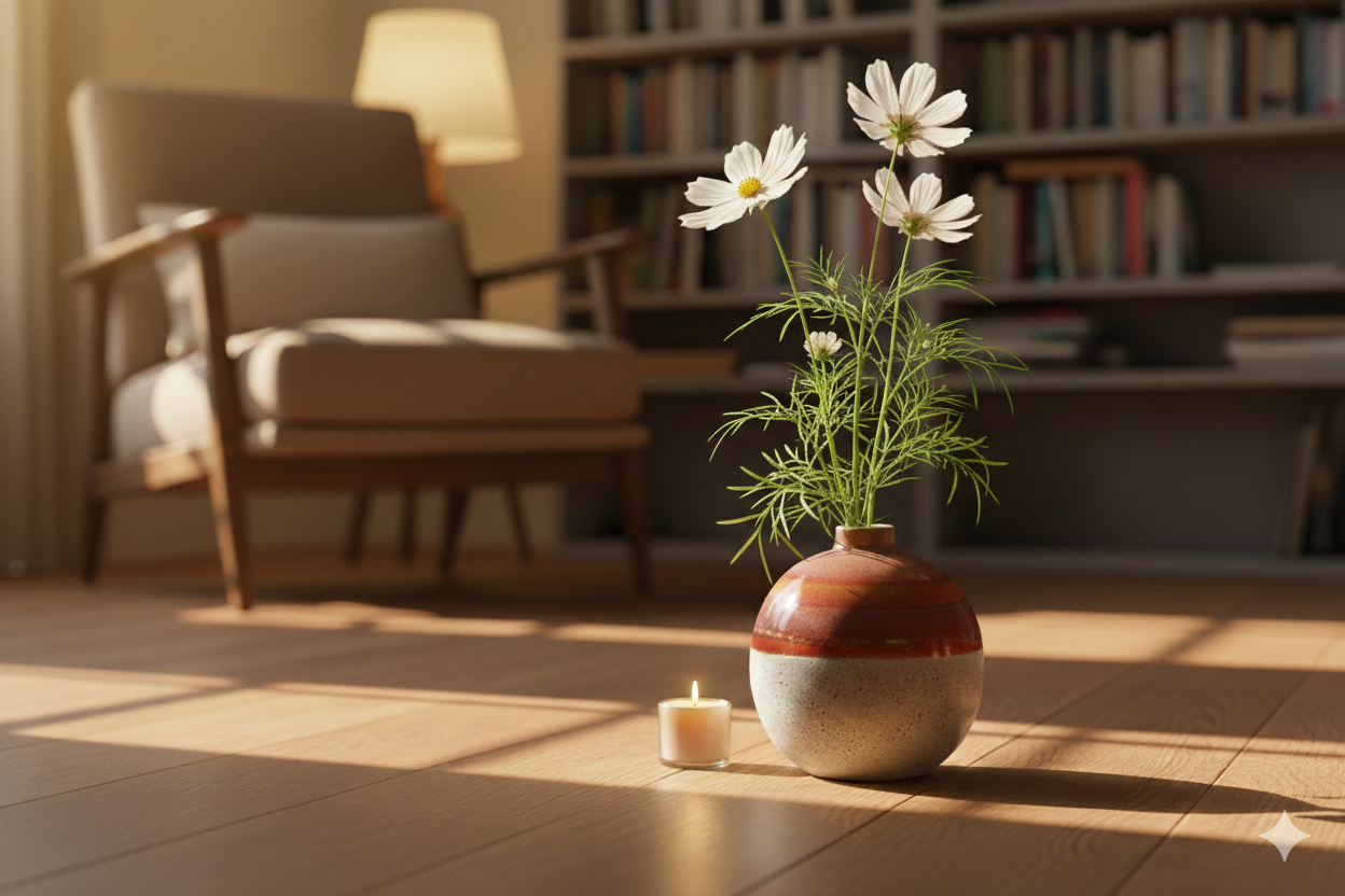 Vase with flowers on a wooden floor in a room with a bookshelf and chair.