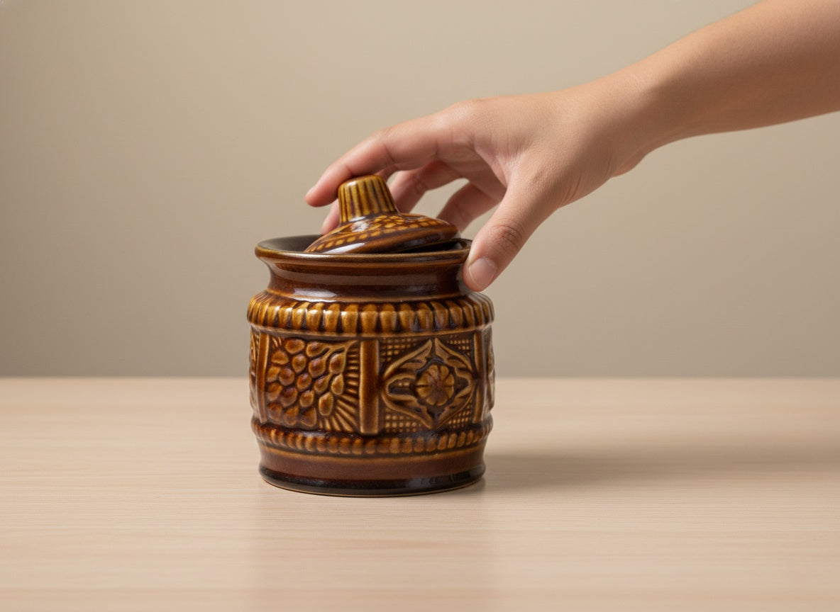 Hand closing a brown ceramic jar with intricate designs on a beige background