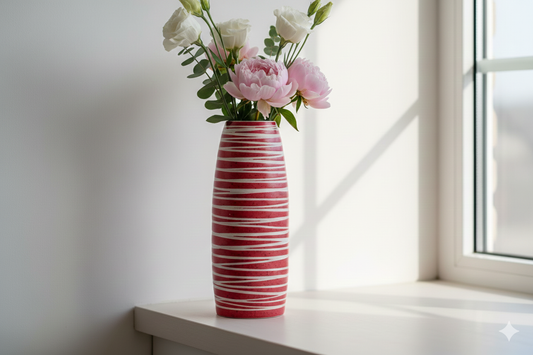 Red and white striped vase with flowers on a windowsill