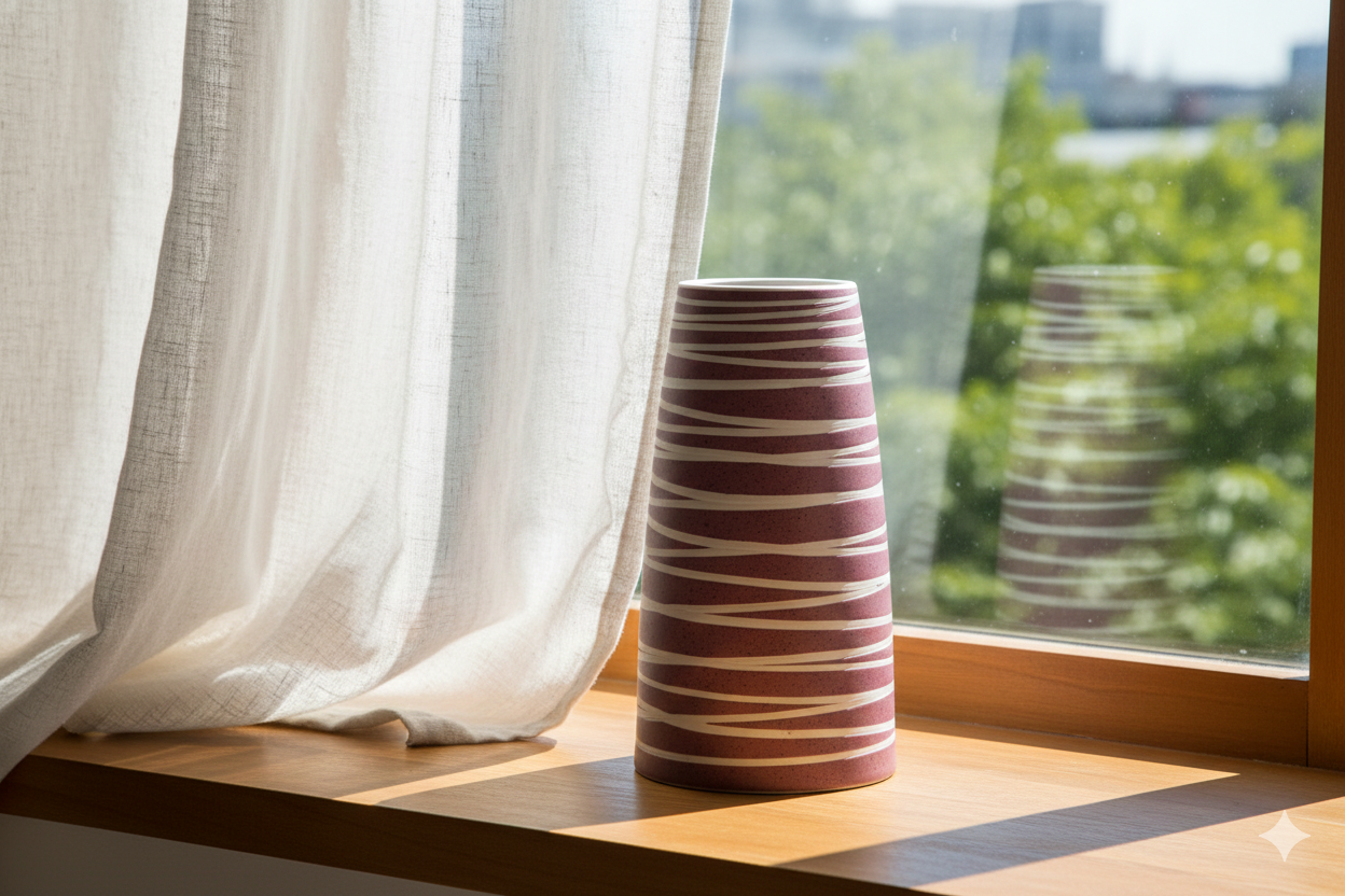 Striped vase on a windowsill with curtains and greenery outside