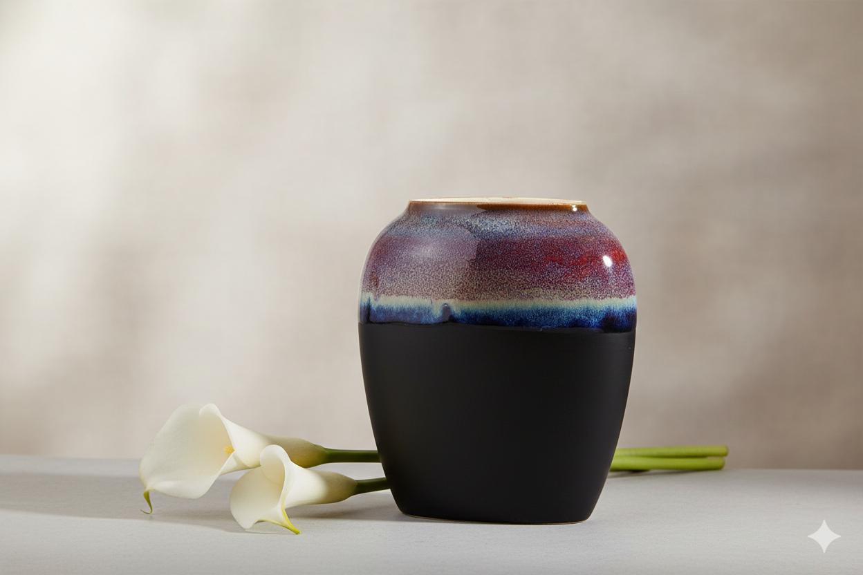 Black ceramic vase with multicolored glaze next to white flowers on a beige background