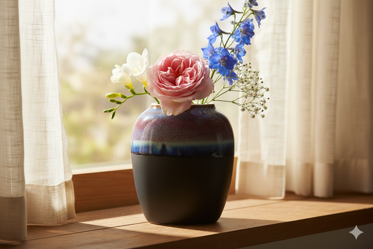 Decorative vase with flowers on a wooden surface with curtains in the background