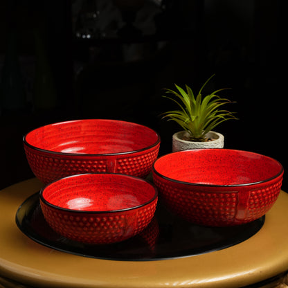 Caffeine Ceramic Handmade Red Bubble Serving Bowl (Set of 3) - Caffeine Premium Stoneware