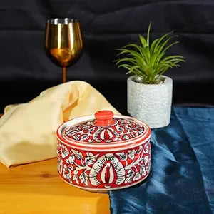 Caffeine Ceramic Handmade Red Mughal Serving Donga Casserole With Lid (set of 1 Large )
