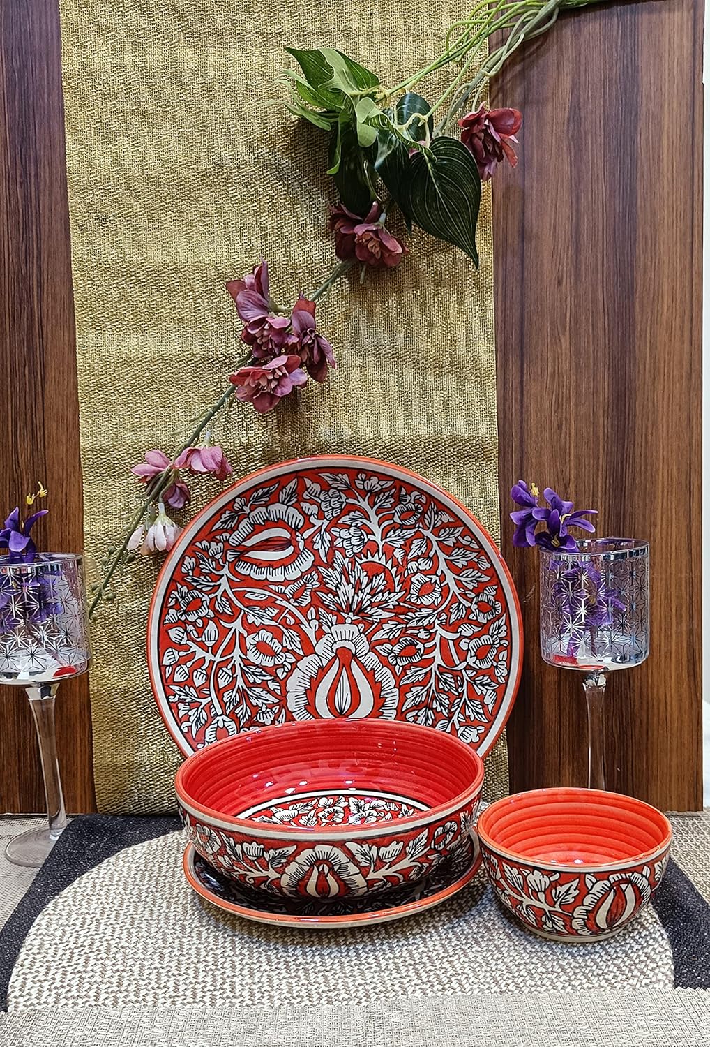 Caffeine Ceramic Handmade Red Mughal Combo Dinner Set (Set of 4pcs)