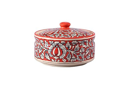 Caffeine Ceramic Handmade Red Mughal Serving Donga Casserole With Lid (set of 1 Large )