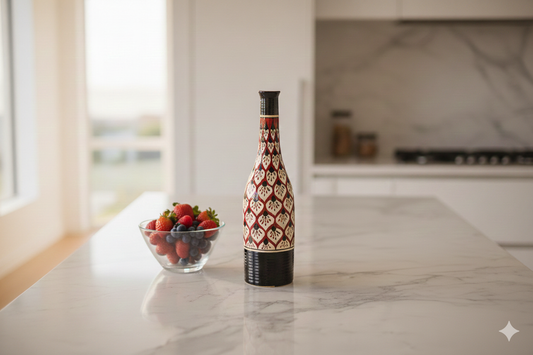 Decorative bottle with geometric pattern on a kitchen counter