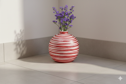 Red and white striped vase with purple flowers on a light wooden floor.
