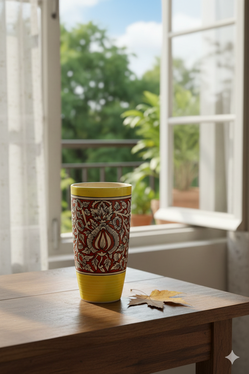 Decorative cup with yellow base and patterned body on a wooden table by a window with a view of greenery.