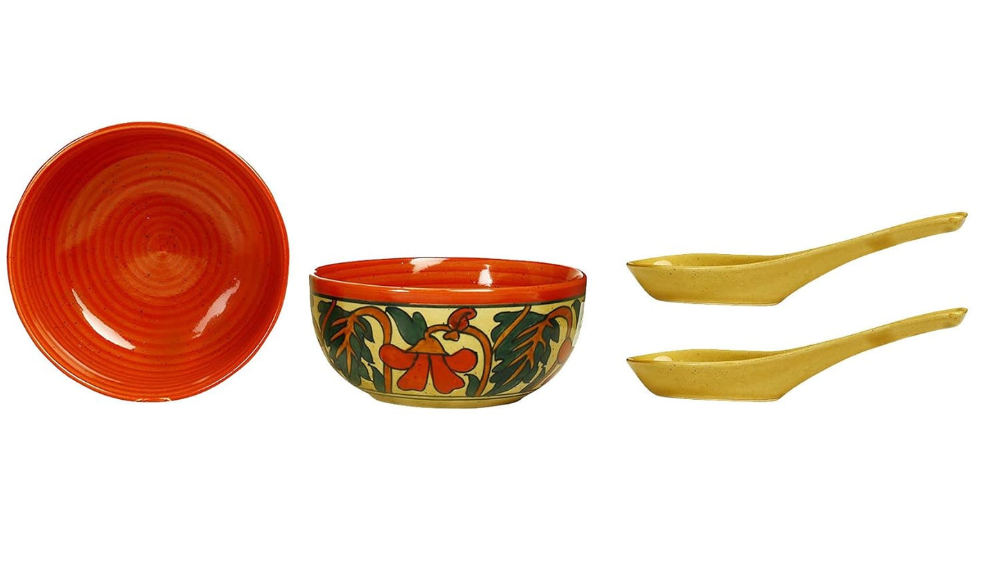 Caffeine Ceramic Handmade Rustic Flora Soup Bowls with Spoon (Set of 2) - Caffeine Premium Stoneware