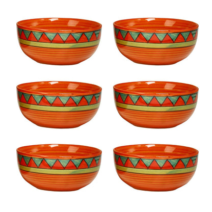 Caffeine Ceramic Handmade Orange and Green Triangles Design Soup Bowls with spoon set of 6 - Caffeine Premium Stoneware