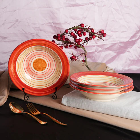 Caffeine Ceramic Handmade Stoneware Orange Beige Soup Plates/Pasta Plate/Maggie Plate/Macaroni Plate 9" (Set of 4 Dishwasher & Microwave Safe)