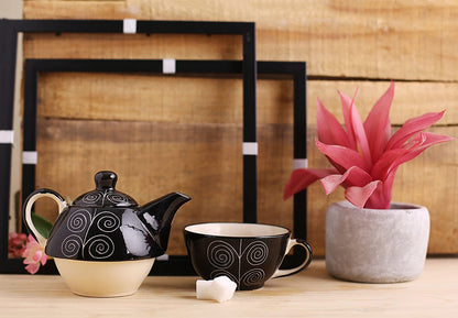 Caffeine Ceramic Handmade Stoneware Black Doodle Combo Dinner set Of 15 pcs. ( 4 Dinner Plate , 4 Quarter Plate , 2 Water Glass , 1 Cutlery , 2 Katori Bowl , 2 Tea in 1  Pot )
