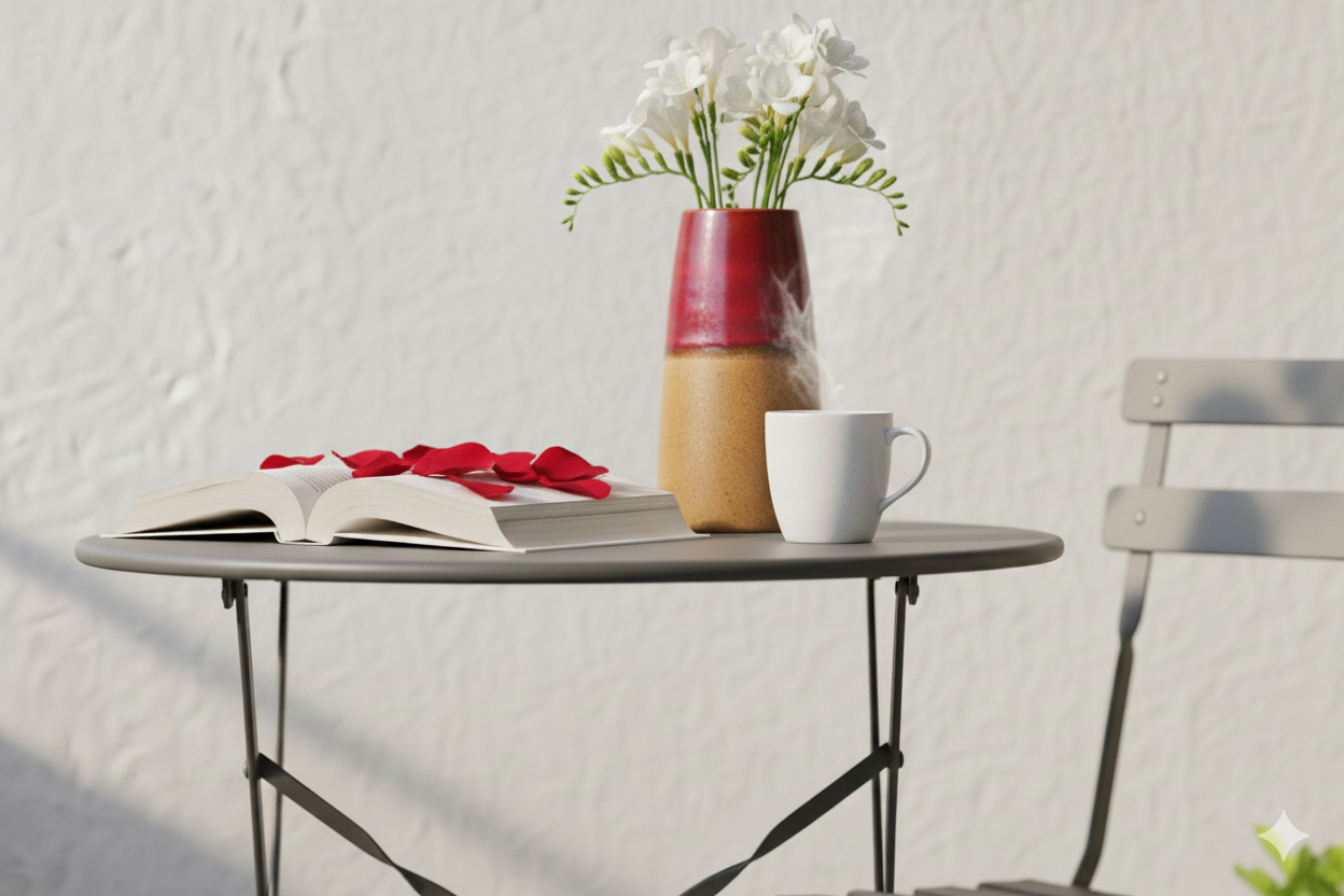 Small round table with a book, coffee cup, and vase of flowers against a light gray wall.