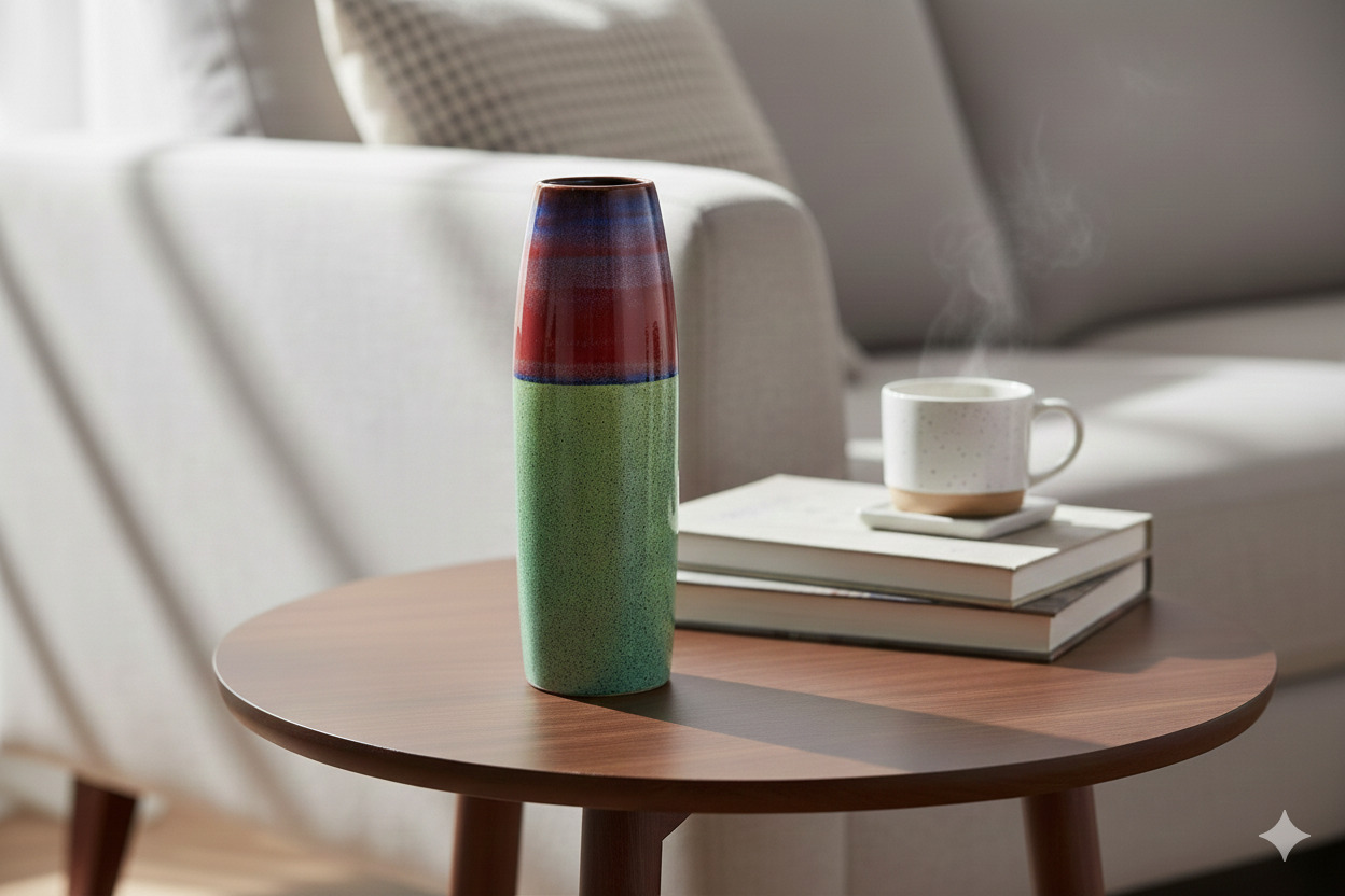 Decorative vase on a wooden side table with a cup and books in a living room setting.