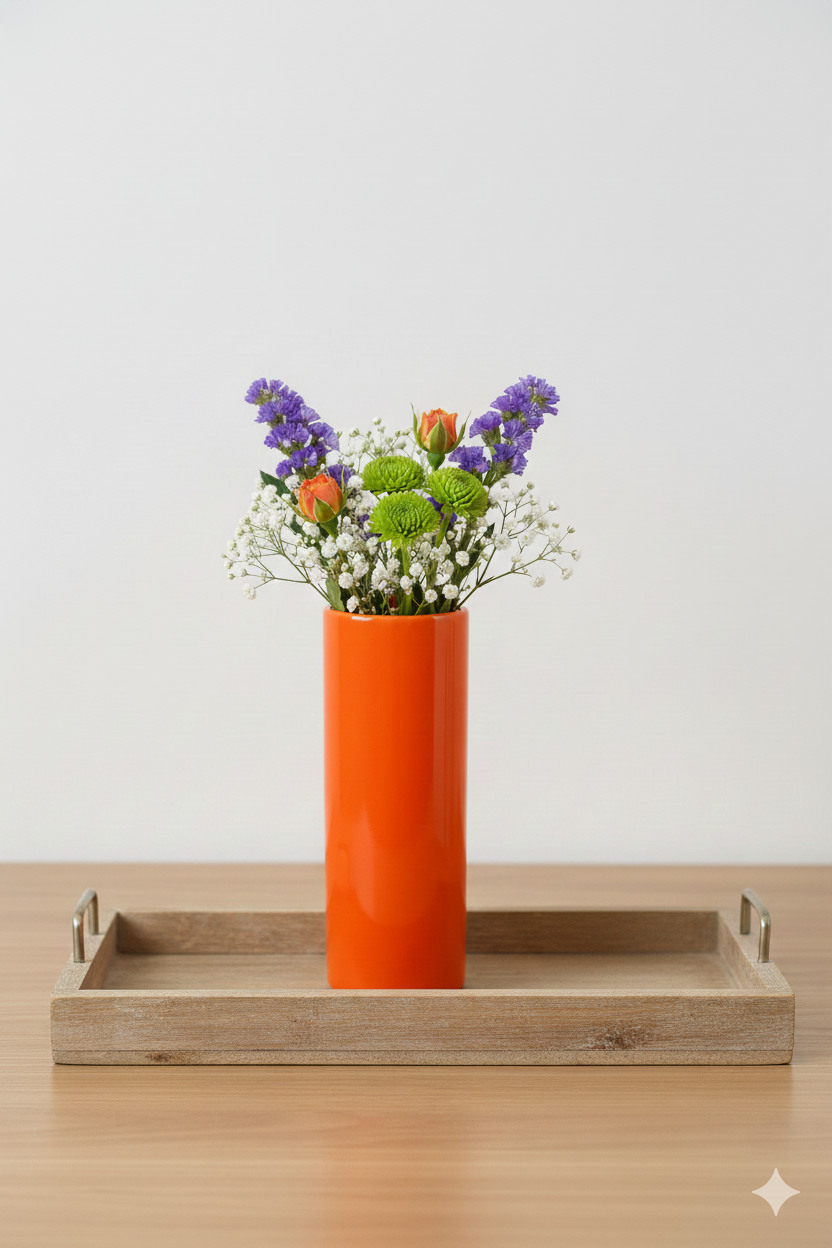 Orange vase with flowers on a wooden tray against a white background