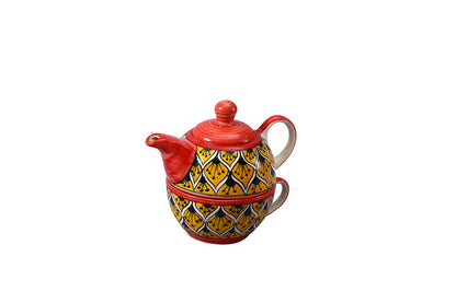 Caffeine Ceramic Handmade Orange Morocco 2 in1 Tea Pot (Set of 1, Single Kettle with Cup)
