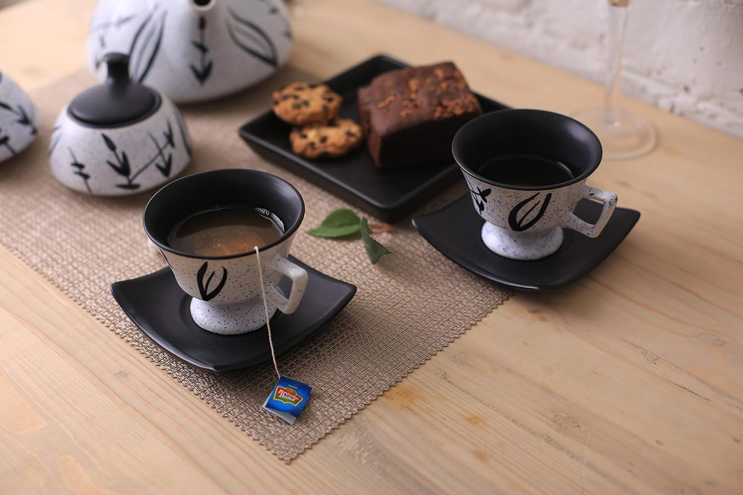 Caffeine Ceramic Handmade Stoneware White & Black Bamboo Tea Set 15pc - Caffeine Premium Stoneware