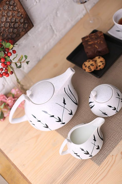 Caffeine Ceramic Handmade White Bamboo Printed Tea Sets (Set of 15 pcs) - Caffeine Premium Stoneware