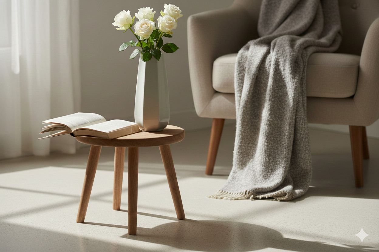 Cozy living room with a chair, small table, and vase of flowers.