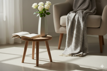 Cozy living room with a chair, small table, and vase of flowers.