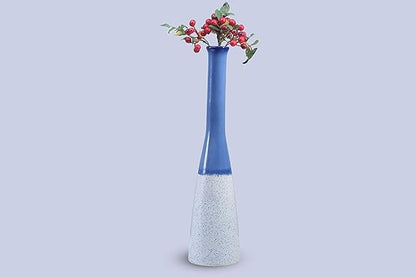 Single white and glossy blue ceramic vase, handcrafted to perfection, a unique piece for home decoration or gifting.