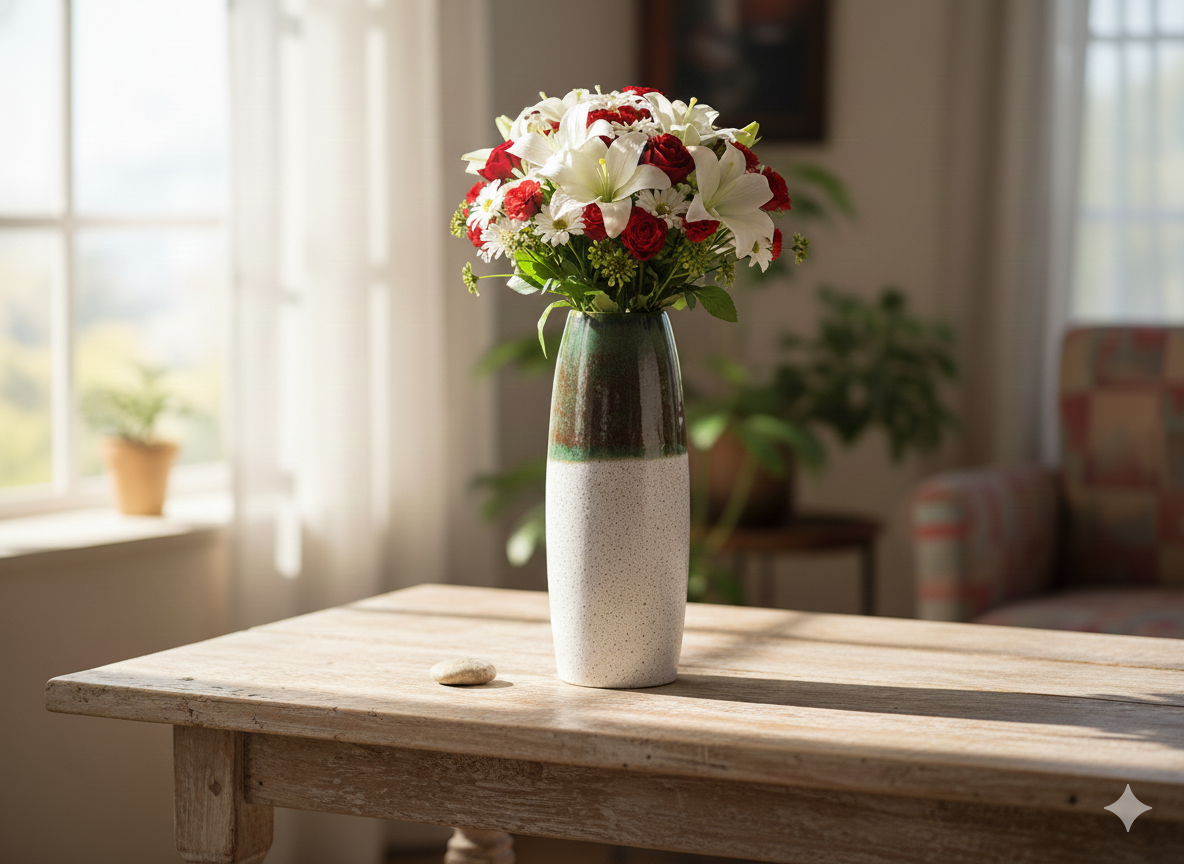 White and red flowers in a vase on a wooden table with a blurred background