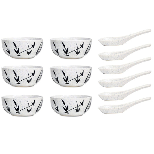 Caffeine Ceramic Handmade White Bamboo Soup Bowl with Spoon Set  6 - Caffeine Premium Stoneware