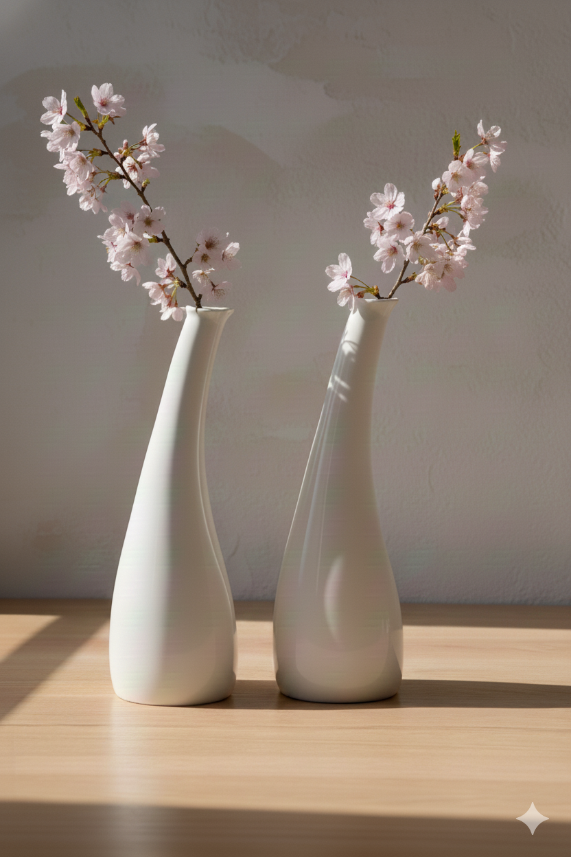 Two white vases with cherry blossom branches on a wooden surface and light gray background