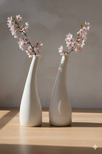 Two white vases with cherry blossom branches on a wooden surface and light gray background