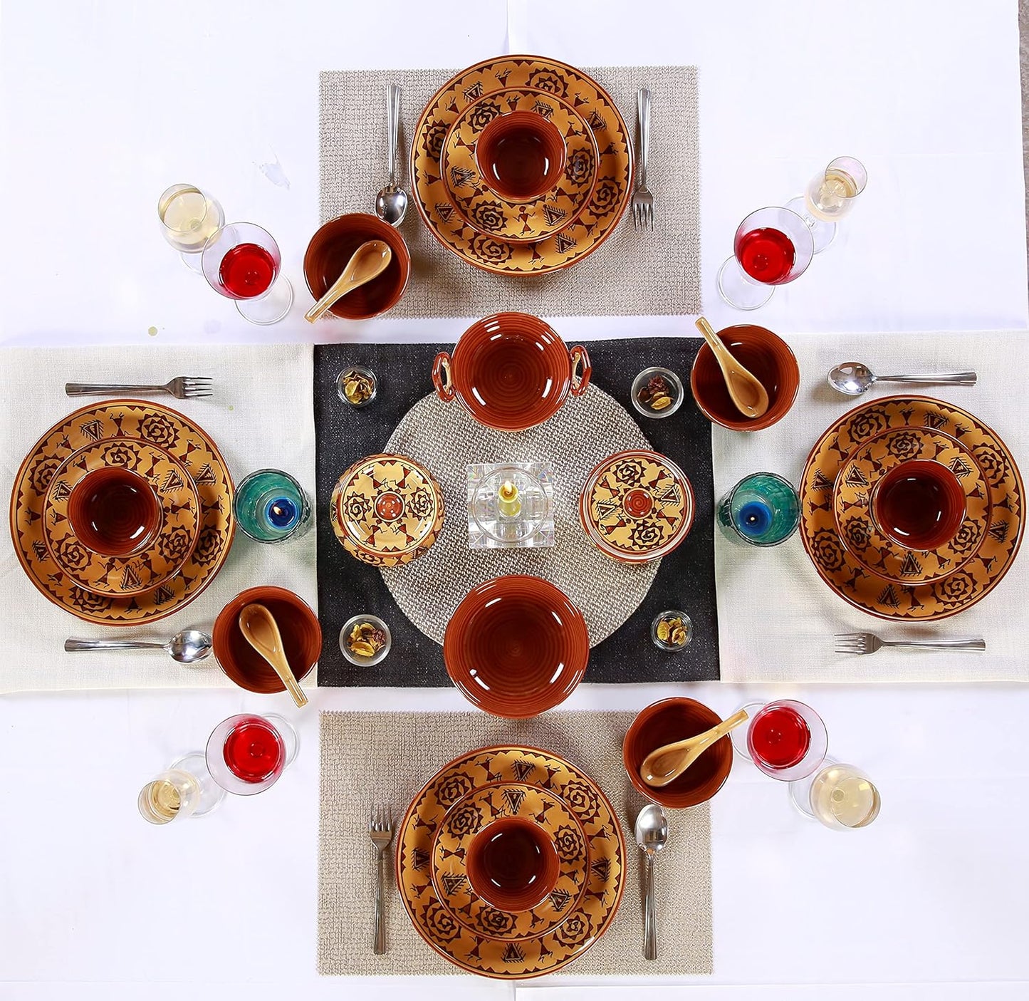 Caffeine Ceramic Handmade Mustard Romani Dinner Set (24 pcs.)