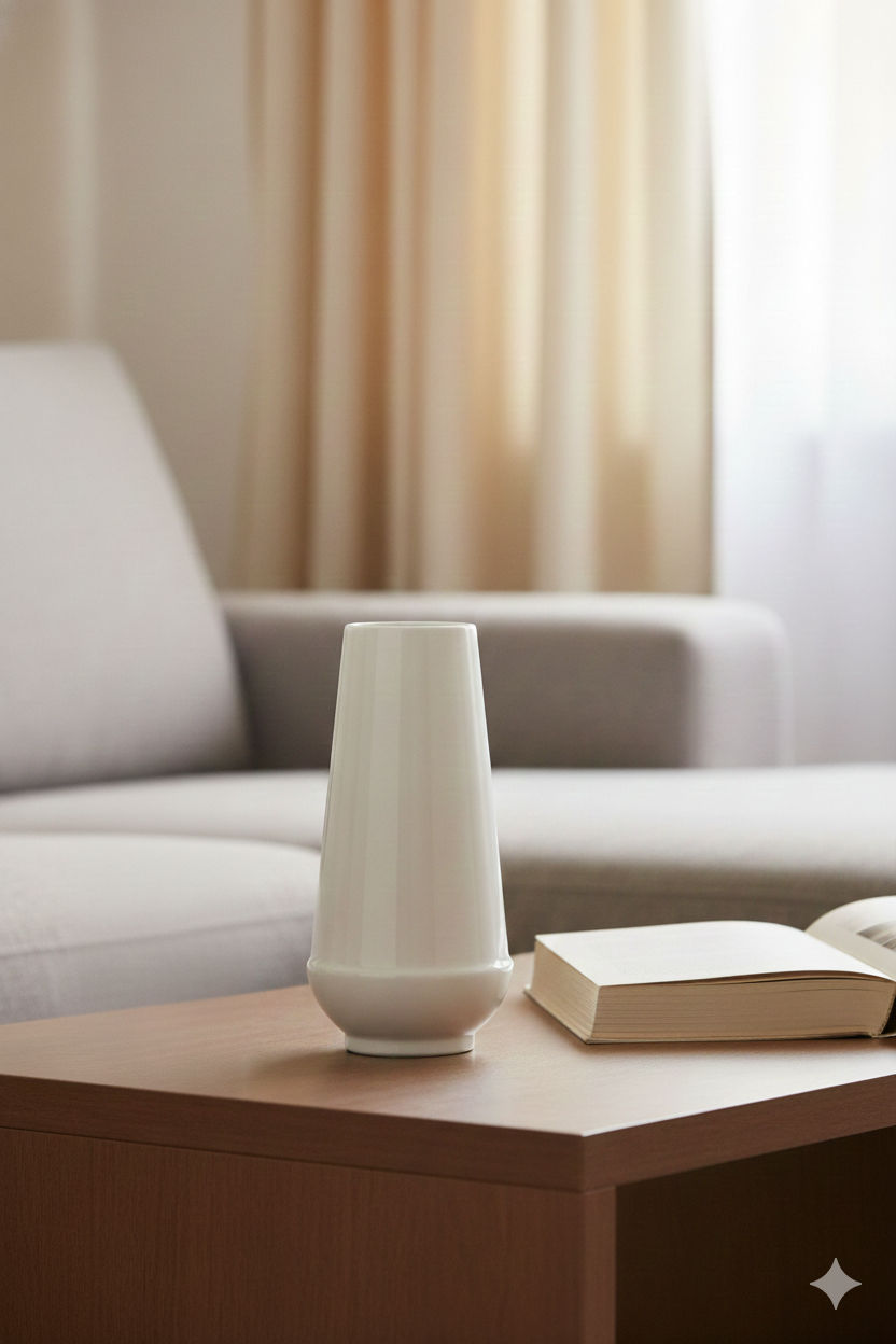 White vase on a wooden coffee table with a book in a living room setting