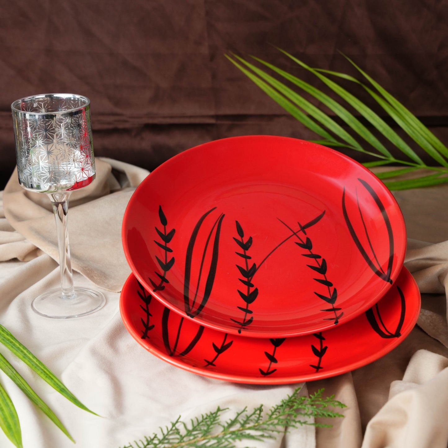 Caffeine Ceramic Handmade Stoneware Red Bomboo Dinner Plate set of 4 - Caffeine Premium Stoneware