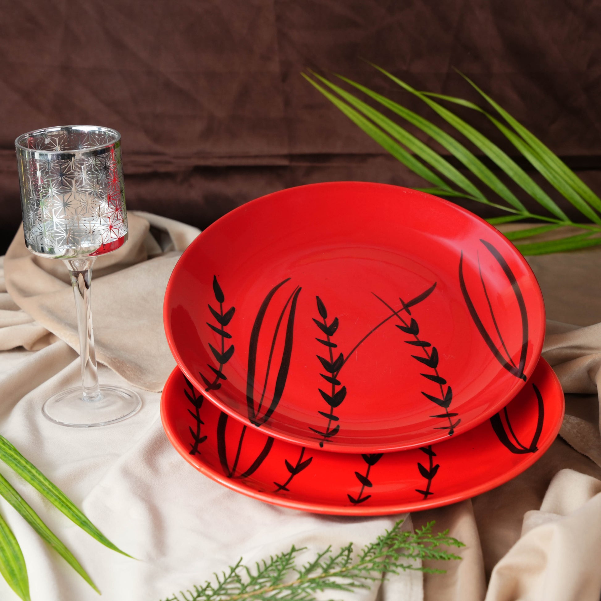 Caffeine Ceramic Handmade Stoneware Red Bomboo Dinner Plate set of 4 - Caffeine Premium Stoneware