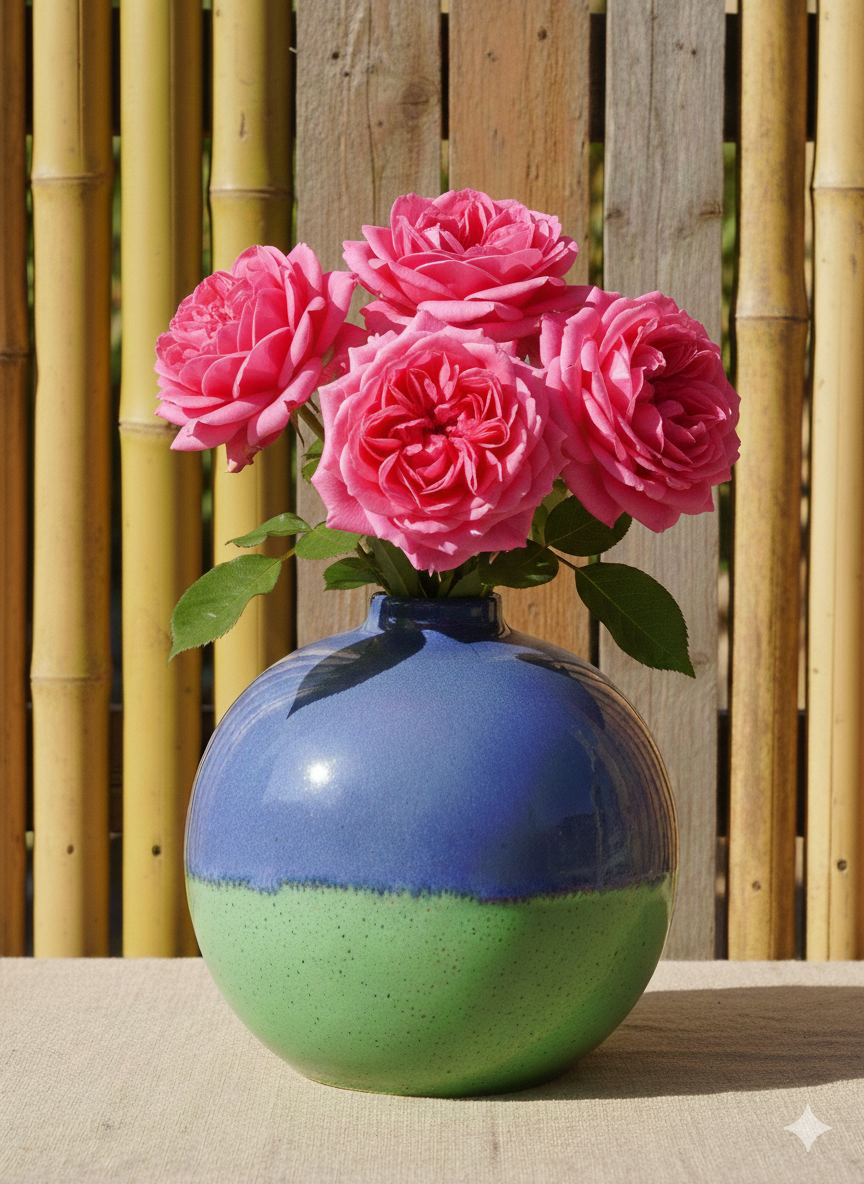Blue and green vase with pink flowers against a wooden background