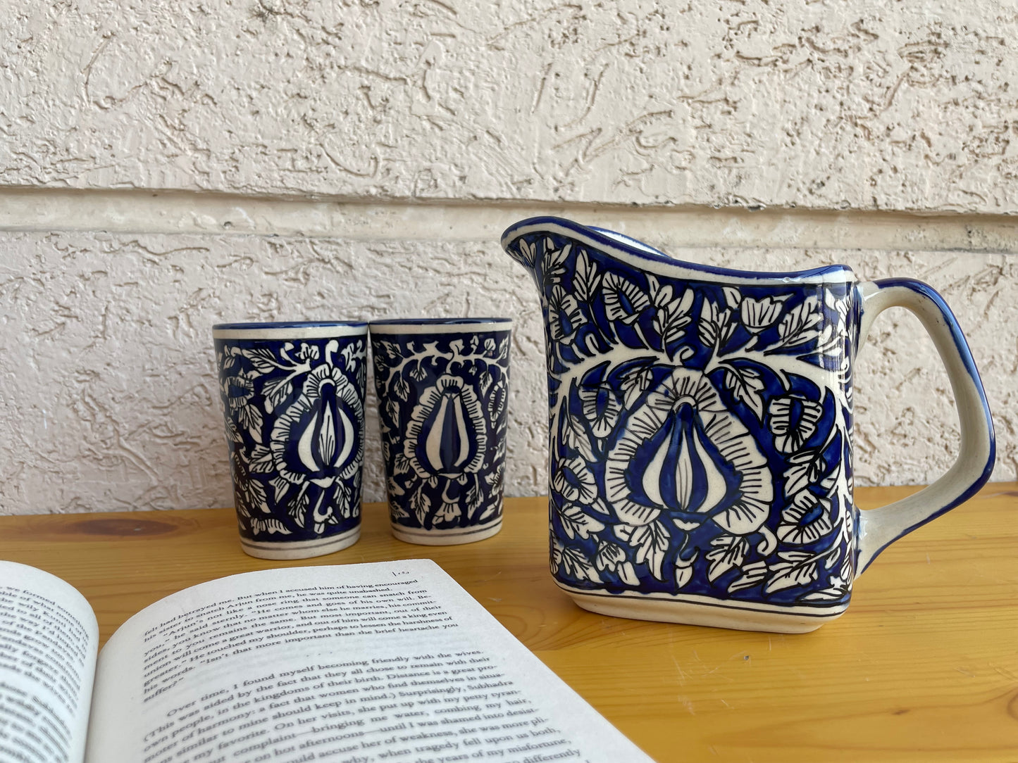 Caffeine Ceramic Handmade Stoneware Blue Mughal Milk and Water Jug (Set of 1, 700 ml)
