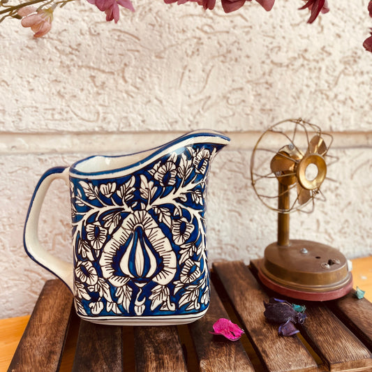 Caffeine Ceramic Handmade Stoneware Blue Mughal Milk and Water Jug (Set of 1, 700 ml)