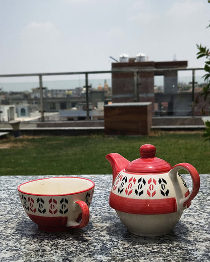 Caffeine Ceramic Handmade Red Arrow Pattern 2-in-1 Teapot with Cup (Set of 1)
