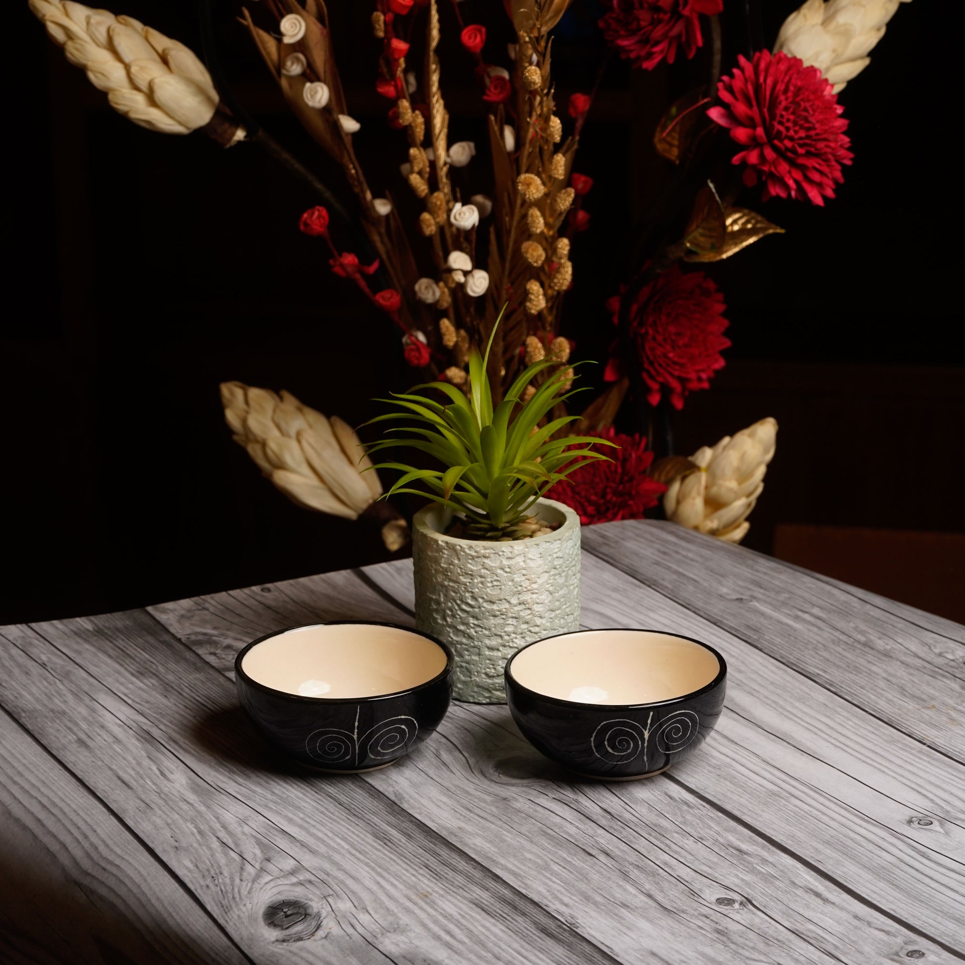 Caffeine Premium Ceramic Handmade Black Doodle Katori Bowl (Set of 6) - Caffeine Premium Stoneware