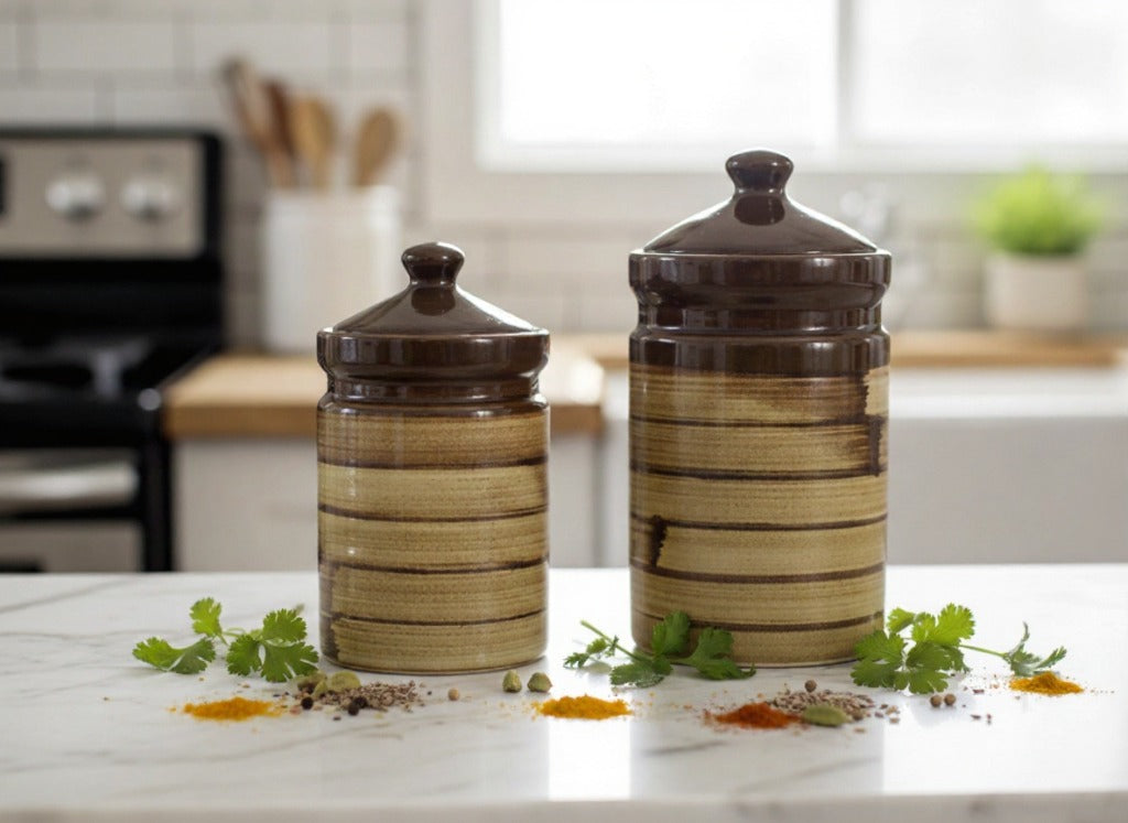 Two ceramic jars with brown lids on a kitchen counter with herbs and spices.