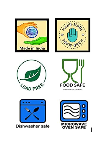 Collection of icons indicating 'Made in India', 'Hand Made', 'Lead Free', 'Food Safe', 'Dishwasher Safe', and 'Microwave Oven Safe' on a white background.