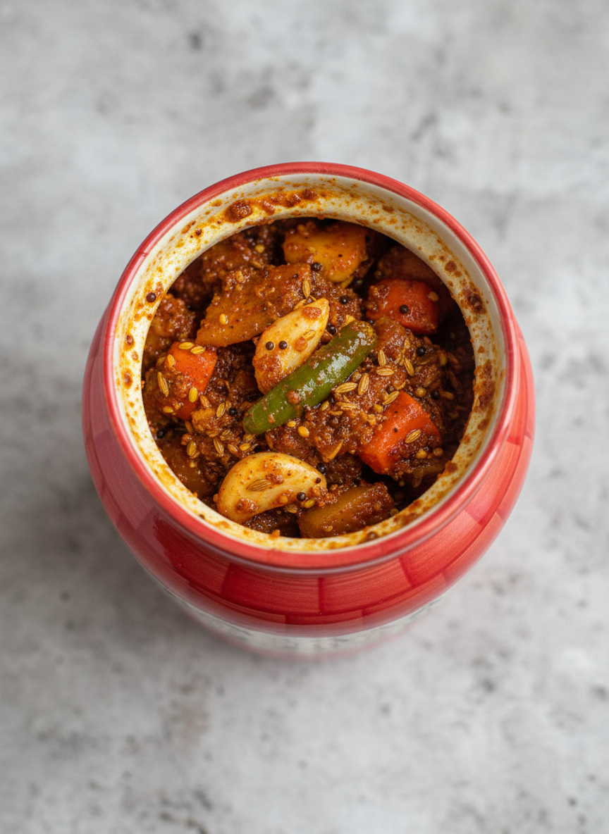 Red jar filled with a spicy curry on a gray marble surface